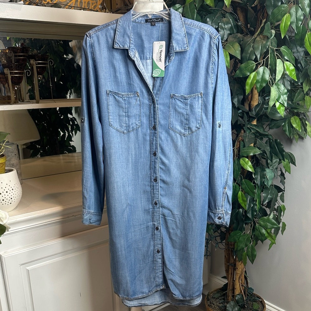 🆕NWT 100% Tencel Velvet Heart Chambray Light Blue Denim Shirt Dress,M